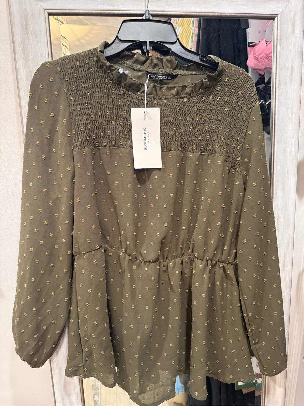 BloomChic Olive Green Long-Sleeve Smocked Peplum Blouse with Gold Dots